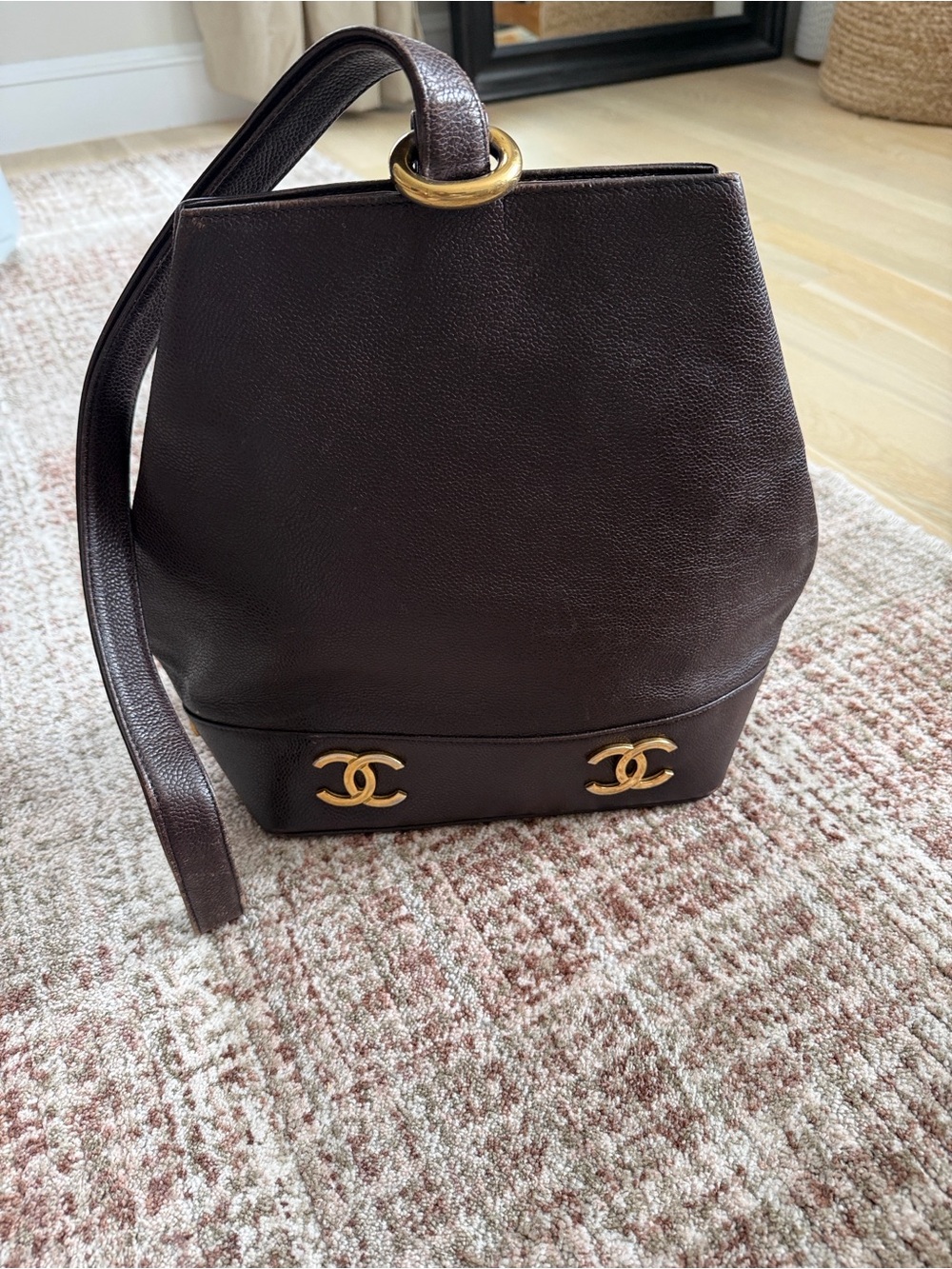 CHANEL Dark Brown Leather Shoulder Bucket Bag with Gold CC Accents